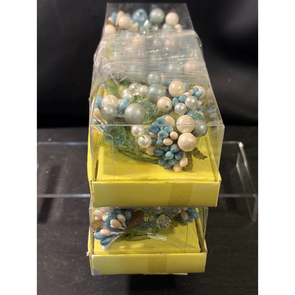 Blue Silver Cream Berry Candle Rings Set of 6 Beaded Small Wreath Decor 3 Inch